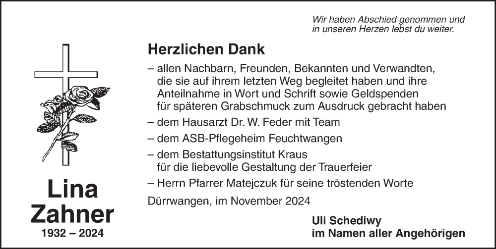  Traueranzeige für Lina Zahner vom 23.11.2024 aus Dinkelsbühl/ Feuchtwangen