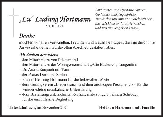 Traueranzeige von Ludwig Hartmann von Neustadt/ Scheinfeld/ Uffenheim