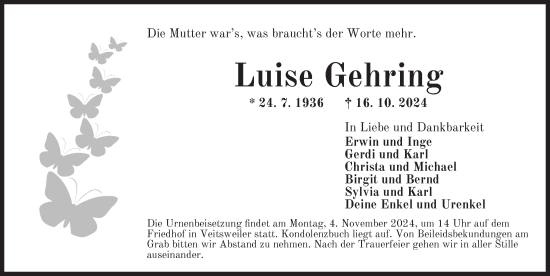 Traueranzeige von Luise Gehring von Dinkelsbühl/ Feuchtwangen