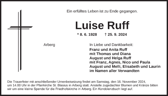 Traueranzeige von Luise Ruff von Ansbach