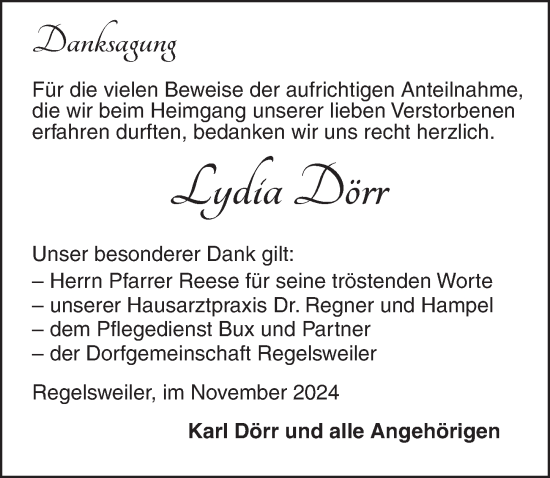 Traueranzeige von Lydia Dörr von Dinkelsbühl/ Feuchtwangen