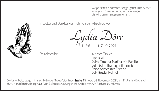 Traueranzeige von Lydia Dörr von Dinkelsbühl/ Feuchtwangen