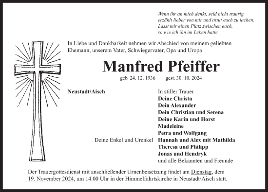 Traueranzeige von Manfred Pfeiffer von Neustadt/ Scheinfeld/ Uffenheim