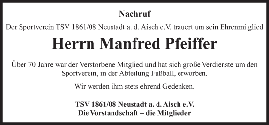 Traueranzeige von Manfred Pfeiffer von Neustadt/ Scheinfeld/ Uffenheim