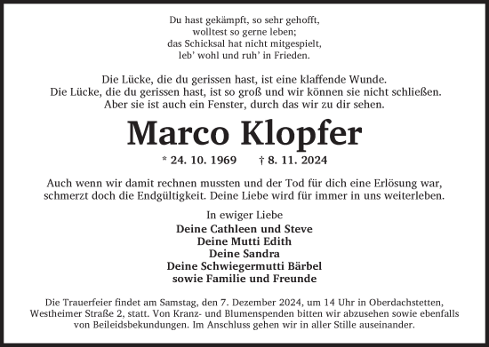 Traueranzeige von Marco Klopfer von Neustadt/ Scheinfeld/ Uffenheim