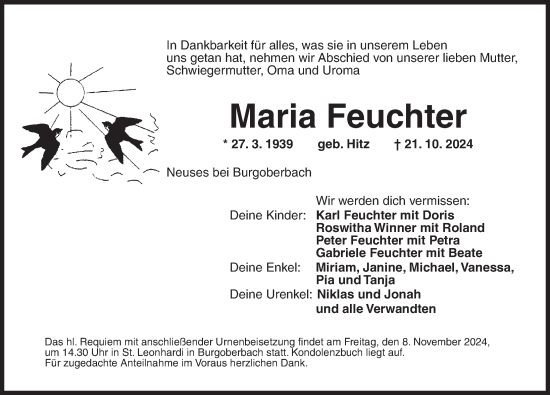 Traueranzeige von Maria Feuchter von Ansbach