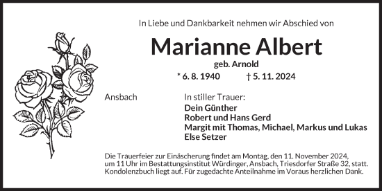 Traueranzeige von Marianne Albert von Ansbach