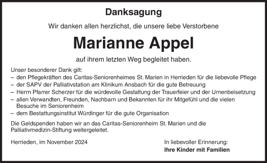 Traueranzeige von Marianne Appel von Ansbach