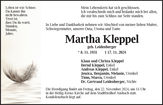 Traueranzeige von Martha Kleppel von Ansbach