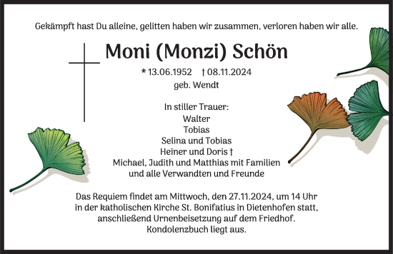 Traueranzeige von Moni Schön von Ansbach