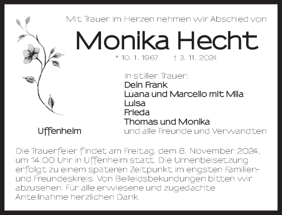 Traueranzeige von Monika Hecht von Neustadt/ Scheinfeld/ Uffenheim