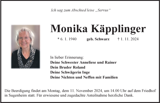 Traueranzeige von Monika Käpplinger von Neustadt/ Scheinfeld/ Uffenheim