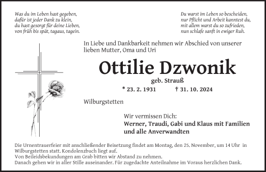 Traueranzeige von Ottilie Dzwonik von Dinkelsbühl/ Feuchtwangen