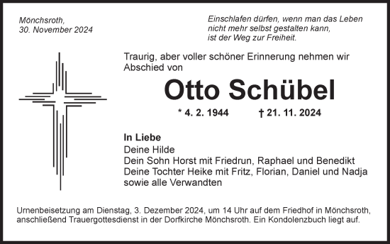 Traueranzeige von Otto Schübel von Dinkelsbühl/ Feuchtwangen