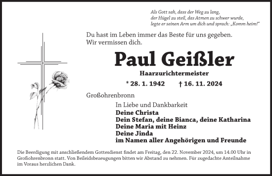 Traueranzeige von Paul Geißler von Dinkelsbühl/ Feuchtwangen