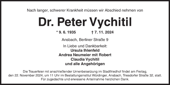 Traueranzeige von Peter Vychitil von Ansbach