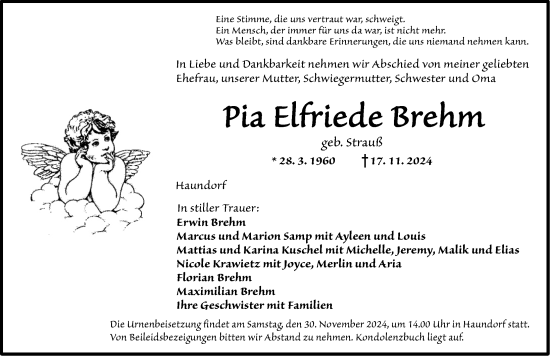 Traueranzeige von Pia Elfriede Brehm von Dinkelsbühl/ Feuchtwangen