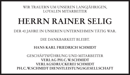 Traueranzeige von Rainer Selig von Neustadt/ Scheinfeld/ Uffenheim