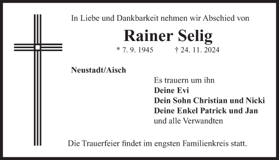 Traueranzeige von Rainer Selig von Neustadt/ Scheinfeld/ Uffenheim