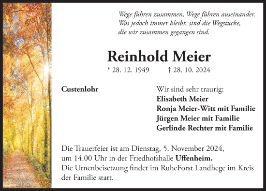 Traueranzeige von Reinhold Meier von Neustadt/ Scheinfeld/ Uffenheim