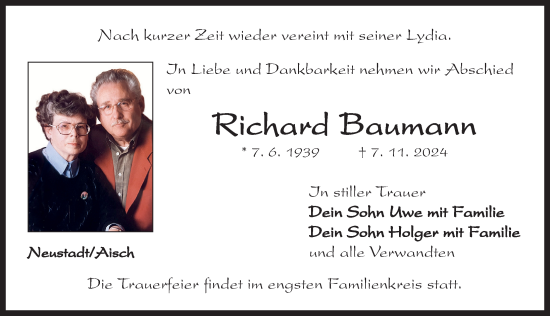 Traueranzeige von Richard Baumann von Neustadt/ Scheinfeld/ Uffenheim