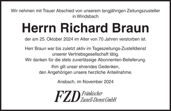 Traueranzeige von Richard Braun von Ansbach