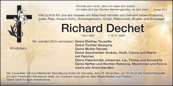 Traueranzeige von Richard Dechet von Ansbach