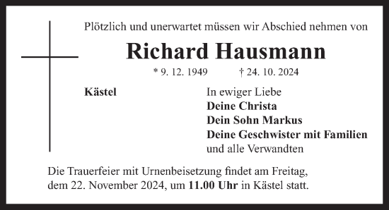 Traueranzeige von Richard Hausmann von Neustadt/ Scheinfeld/ Uffenheim