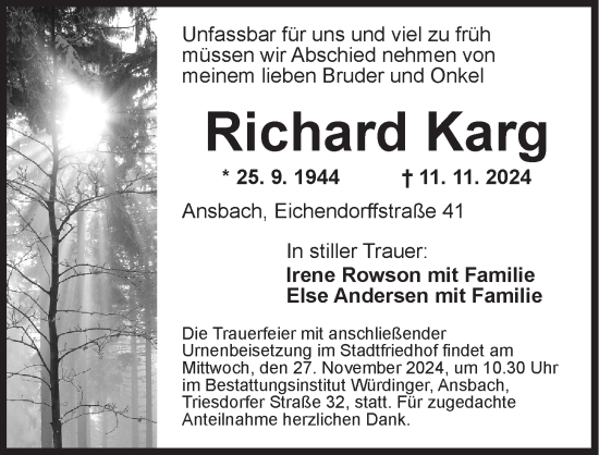 Traueranzeige von Richard Karg von Ansbach