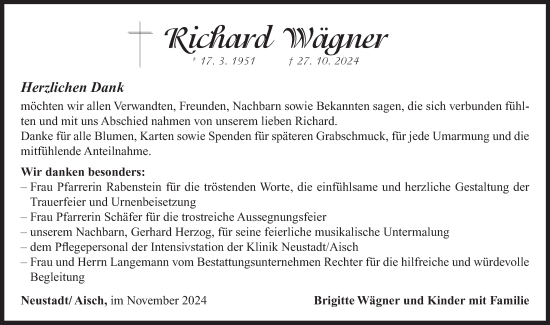 Traueranzeige von Richard Wägner von Neustadt/ Scheinfeld/ Uffenheim