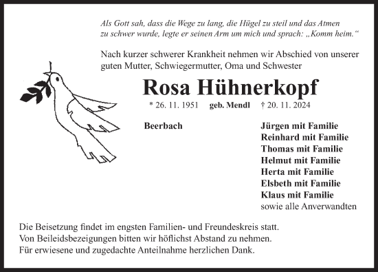 Traueranzeige von Rosa Hühnerkopf von Neustadt/ Scheinfeld/ Uffenheim