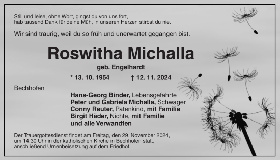 Traueranzeige von Roswitha Michalla von Dinkelsbühl/ Feuchtwangen