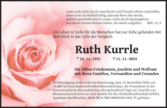 Traueranzeige von Ruth Kurrle von Ansbach