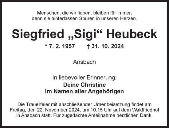 Traueranzeige von Siegfried Heubeck von Ansbach