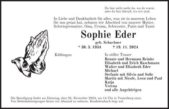 Traueranzeige von Sophie Eder von Ansbach