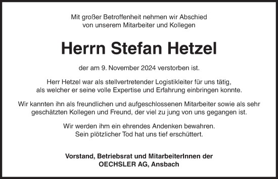 Traueranzeige von Stefan Hetzel von Ansbach