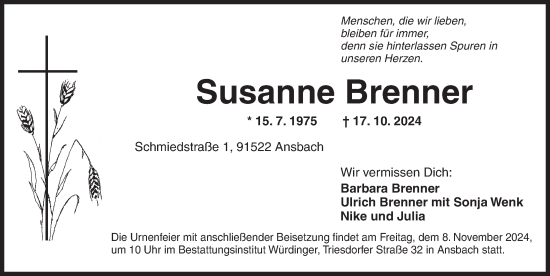 Traueranzeige von Susanne Brenner von Ansbach