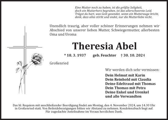 Traueranzeige von Theresia Abel von Ansbach