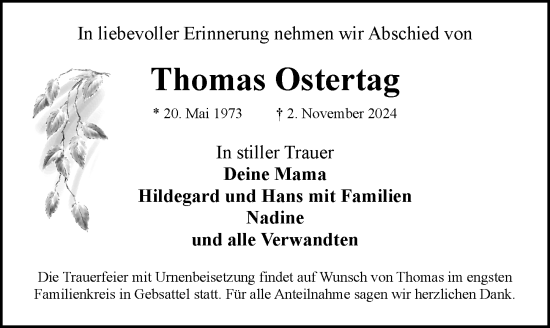 Traueranzeige von Thomas Ostertag von Rothenburg