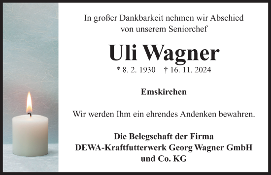 Traueranzeige von Uli Wagner von Neustadt/ Scheinfeld/ Uffenheim