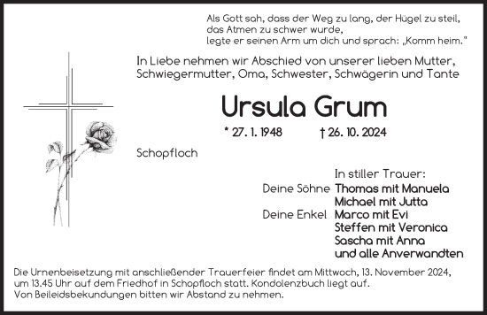 Traueranzeige von Ursula Grum von Dinkelsbühl/ Feuchtwangen