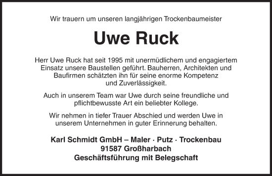 Traueranzeige von Uwe Ruck von Rothenburg