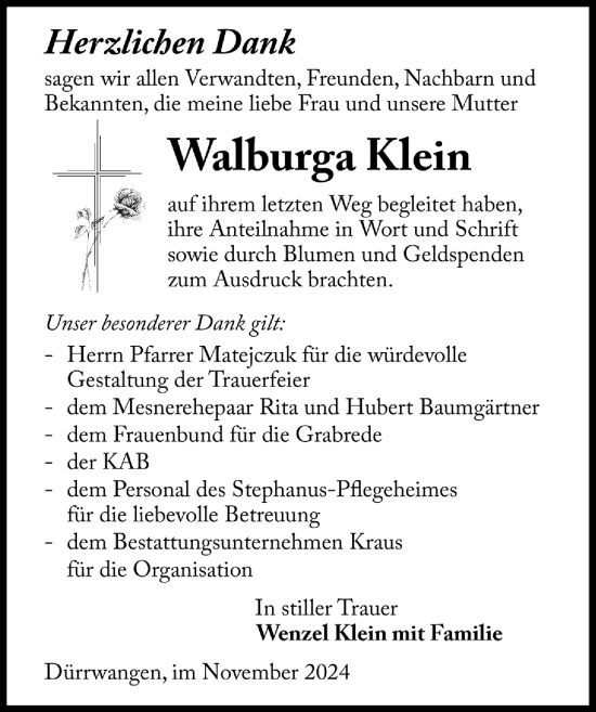 Traueranzeige von Walburga Klein von Dinkelsbühl/ Feuchtwangen