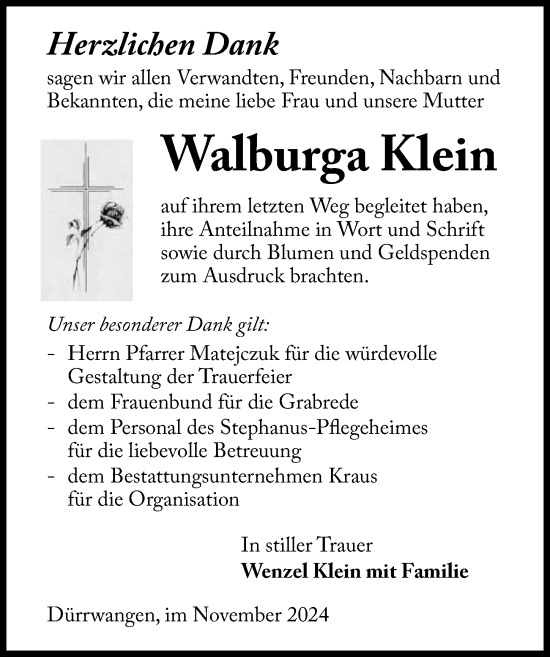 Traueranzeige von Walburga Klein von Dinkelsbühl/ Feuchtwangen