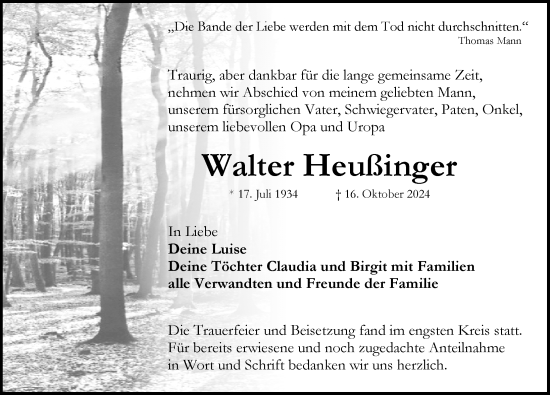 Traueranzeige von Walter Heußinger von Rothenburg