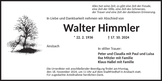 Traueranzeige von Walter Himmler von Ansbach