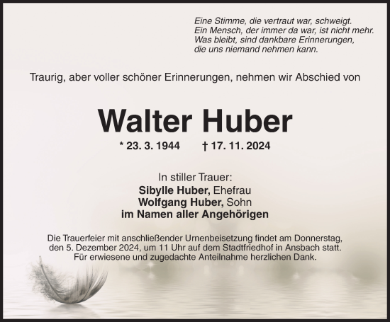 Traueranzeige von Walter Huber von Ansbach