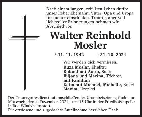 Traueranzeige von Walter Reinhold Mosler von Neustadt/ Scheinfeld/ Uffenheim