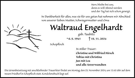 Traueranzeige von Waltraud Engelhardt von Dinkelsbühl/ Feuchtwangen