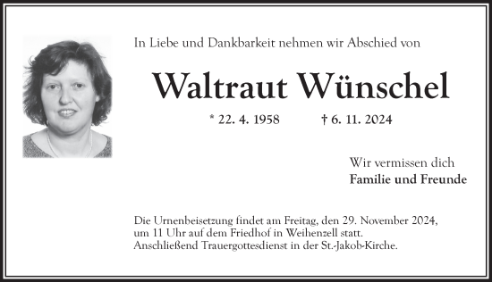 Traueranzeige von Waltraut Wünschel von Ansbach